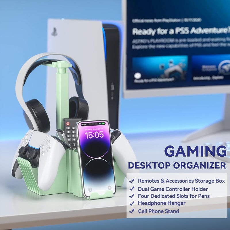 KDD Dual Controller Holder with Headphone Stand - Multi-Functional Desk Storage Box with Phone Holder - Universal Controller Stand with Desktop Organizer for Remote Control Pen Accessories(Green) - Image 2